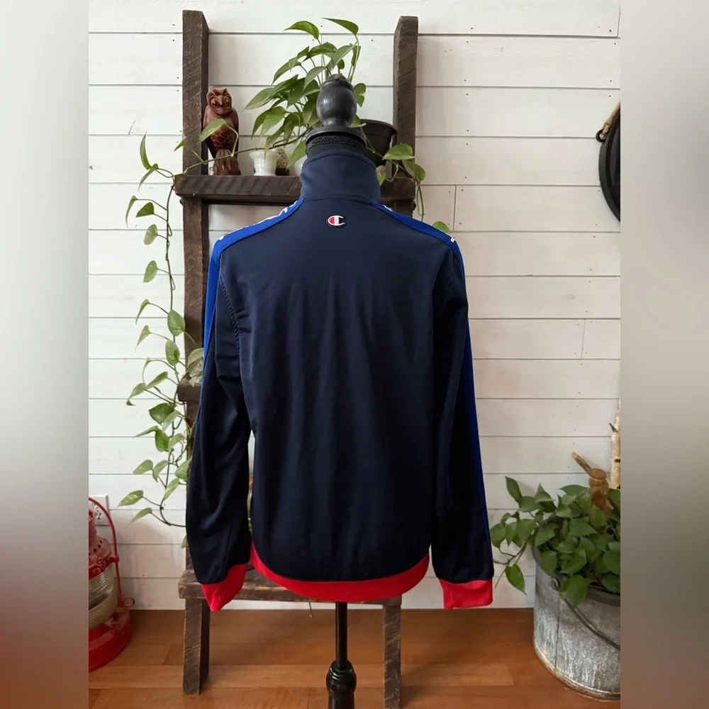 Champion Navy Blue and Red Zip-Up Jacket with Iconic Logo On Front Unisex